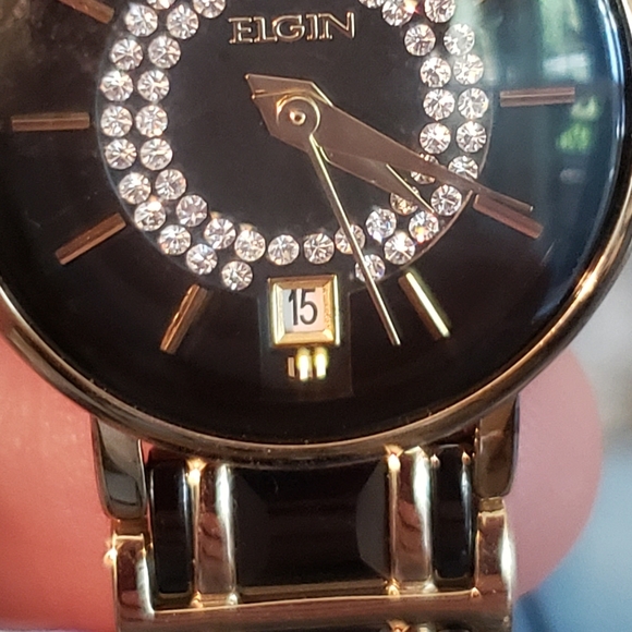 Elgin Women's EG353 Gold-Tone Black Ceramic Crystal Accented Watch. NWT. - Picture 7 of 13